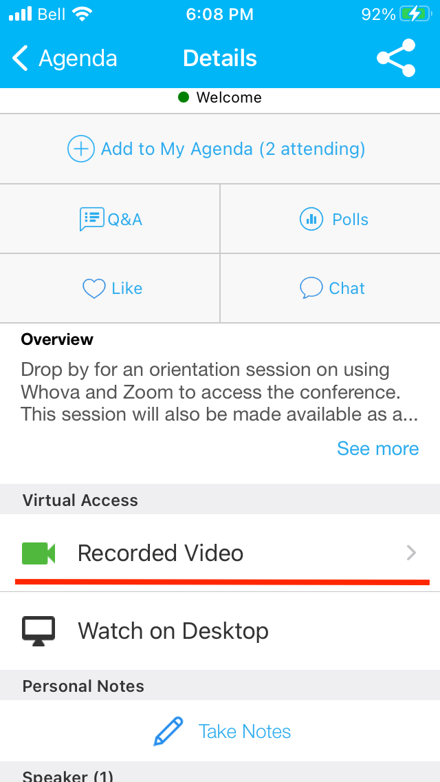 Screenshot of Whova mobile app session detail with "Recorded Video" underlined