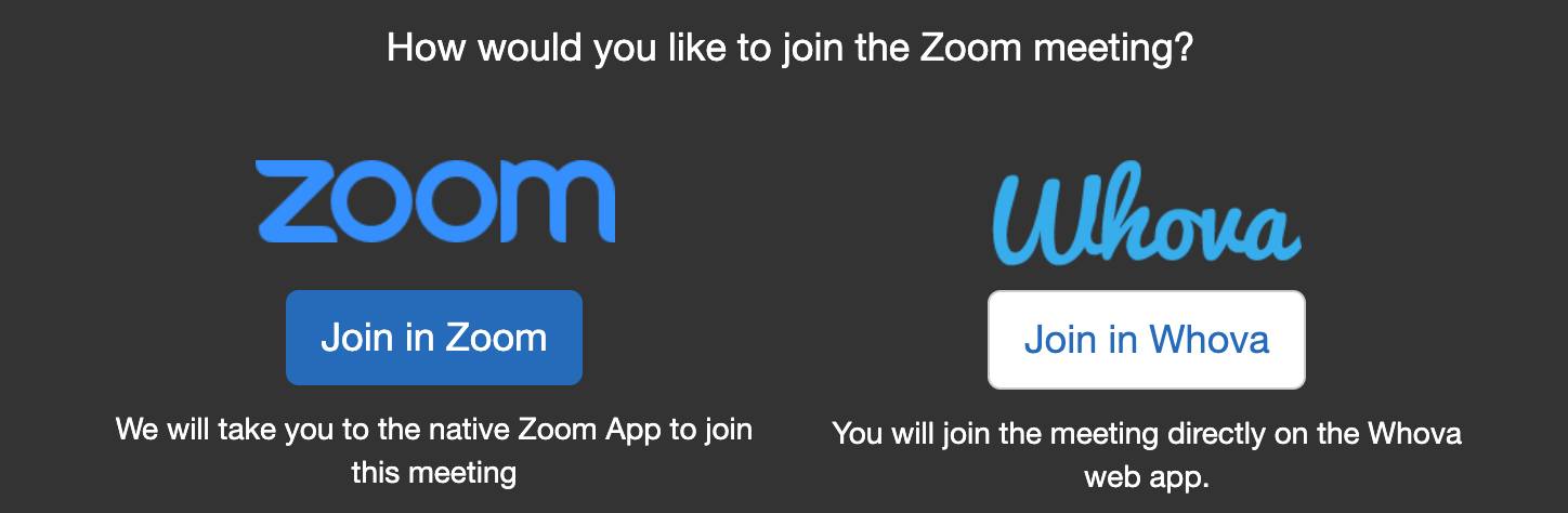 Screenshot of session join options: "Join in Zoom" or "Join in Whova"
