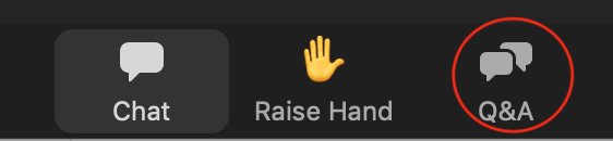 Screenshot of Zoom menu buttons: Chat, Raise Hand, Q&A (circled)