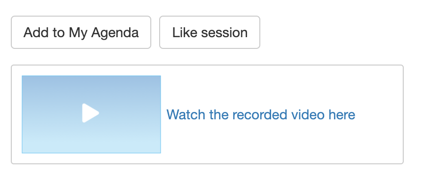 Screenshot of Whova web app session detail with "Watch the recorded video link here" displayed