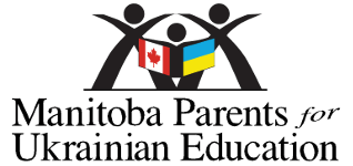 Logo Manitoba Parents for Ukrainian Education Canada Ukrainian Flags with drawn figures of parents with child