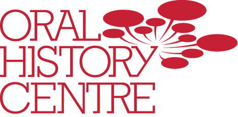 Logo - red letters Oral History Centre with red text clouds. 