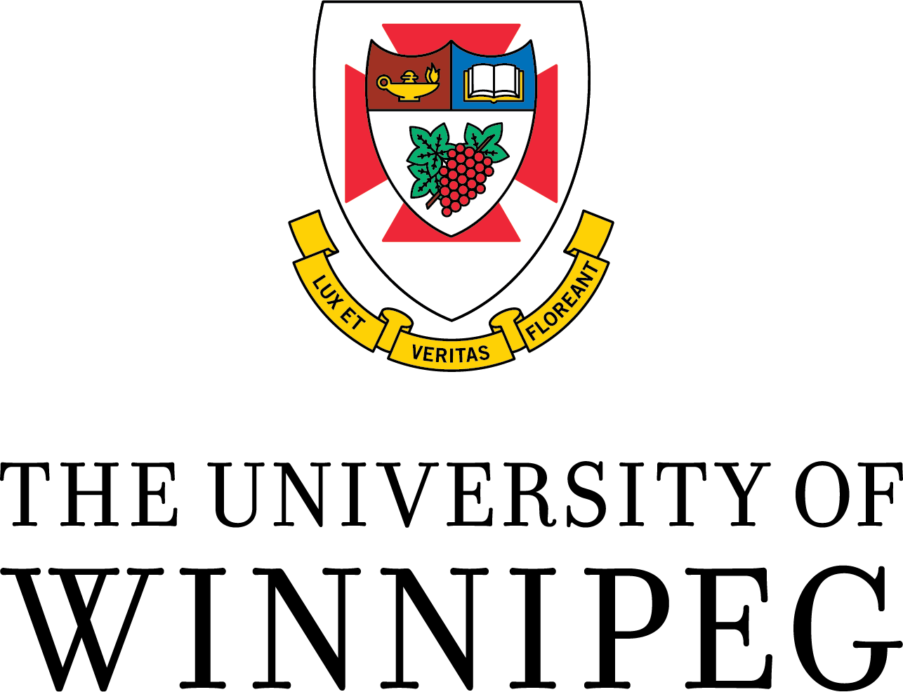 Logo - University of Winnipeg Lux et Veritas Floreant - shield with heraldic image. 