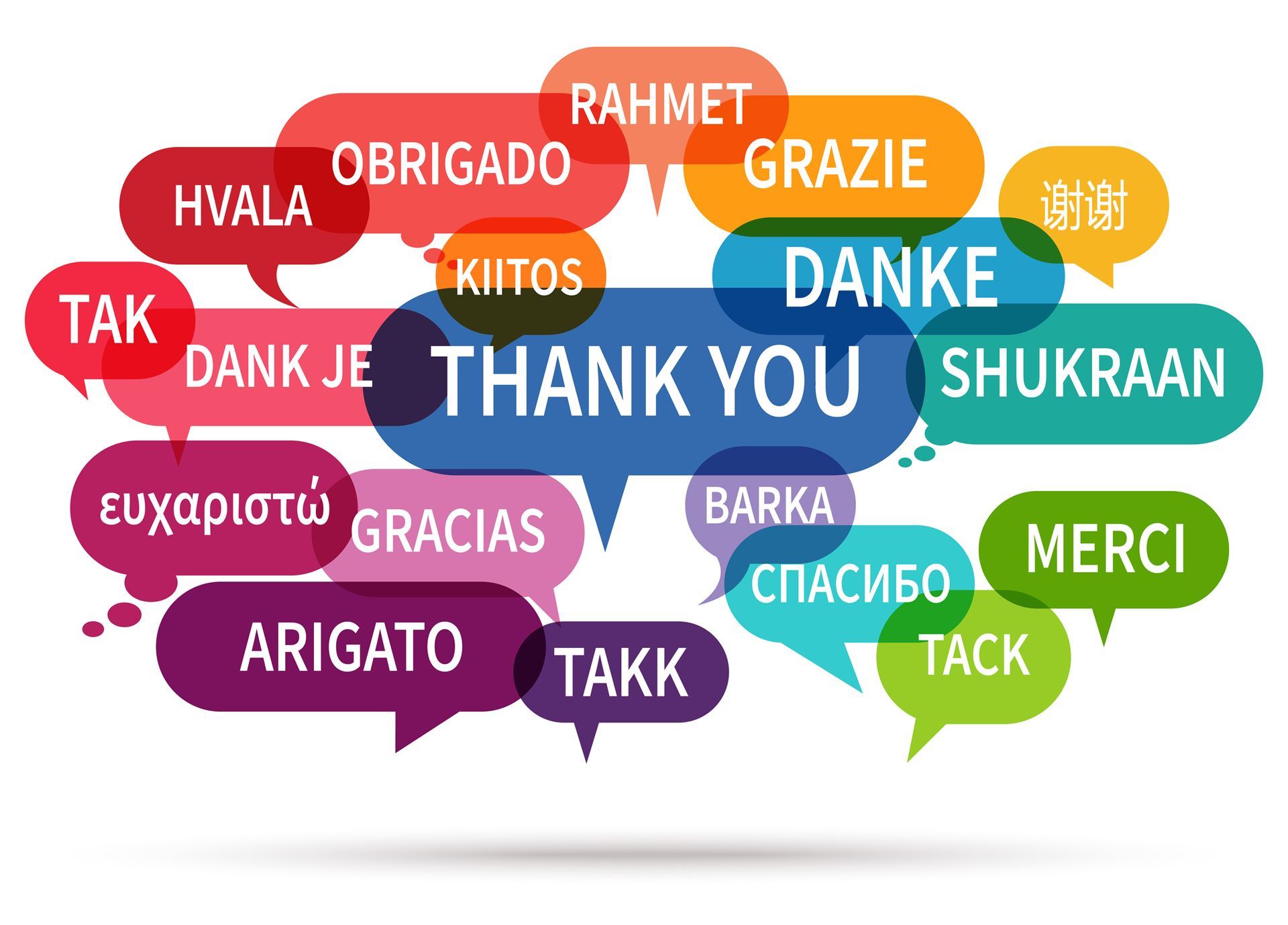 Bubble text of saying thank you in multiple languages. 