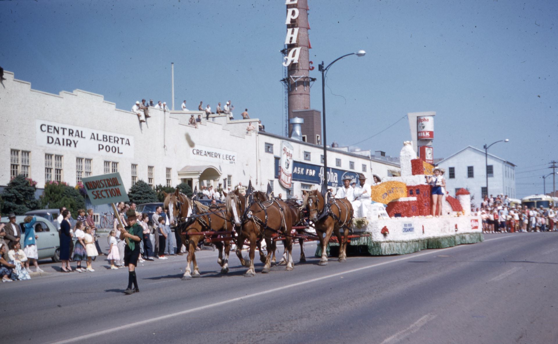 Horse-drawn Alpha Creamer Parade Float, 1958, City of Red Deer Archives