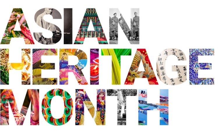 Image and colours fill the words for Asian Heritage Month, each word is on its own line. 