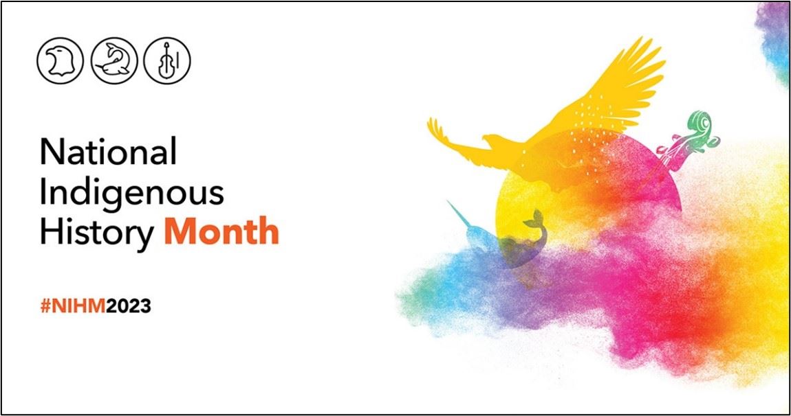 National Indigenous HIstory Month (organge text) #NIHM2023 totems representing First Nations (eagle), Inuit (whale) and Metis (fiddle); rainbow colours with clouds and fiddle, eagle with wings and nar whale. 