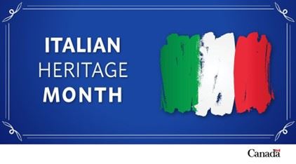 Blue background with paint colours representing the Italian flag, green, white, and red. Italian Heritage Month. 