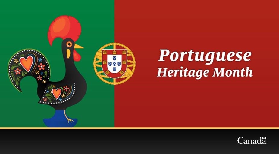 Traditional good luck Portuguese Rooster, black with red hearts and flowers; flag of Portugual. Portuguese Heritage Month. 