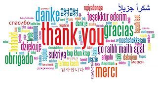 Word cloud with multiple colours, red letters with thank you and several languages depicting thank you. 